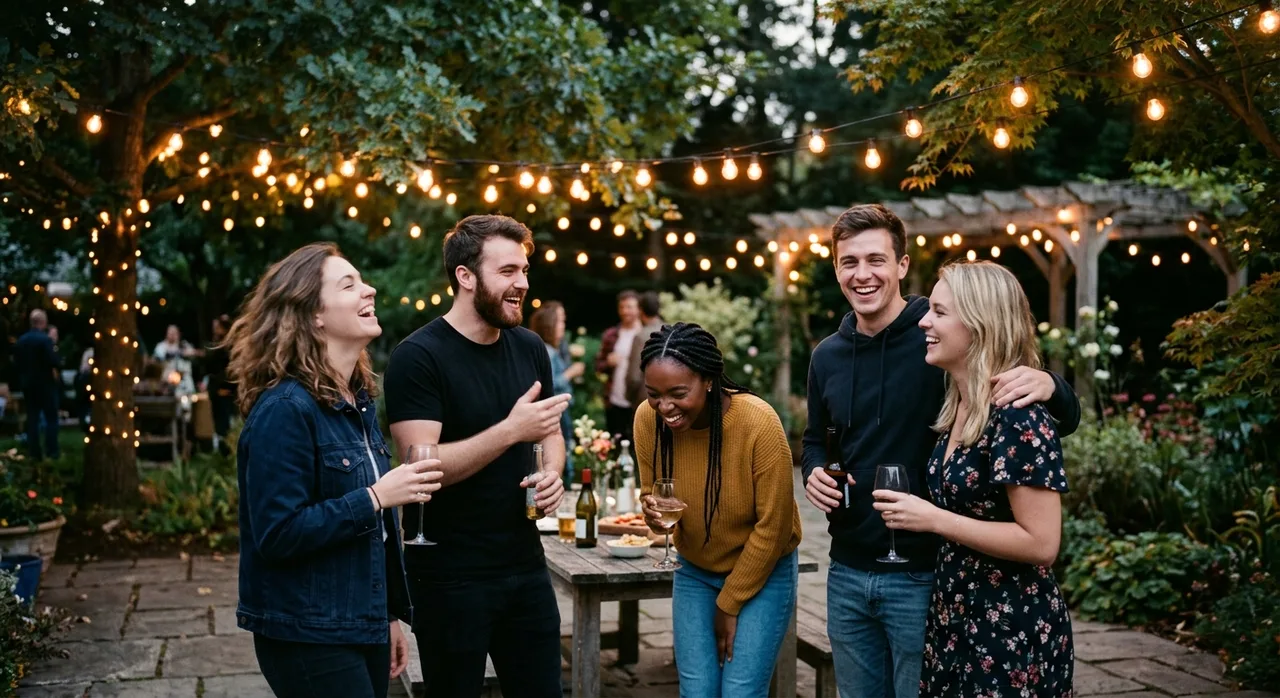 Friends laughing together under string lights