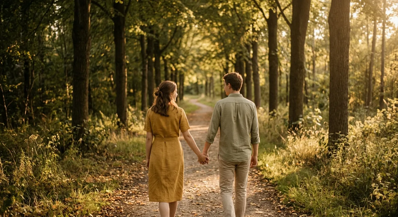 A couple walking hand in hand down a forest path